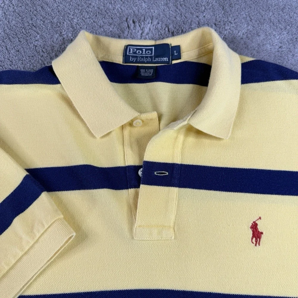 Polo Ralph Lauren Mens L Yellow Navy Stripe Pony 100% Cotton Rugby Polo Shirt